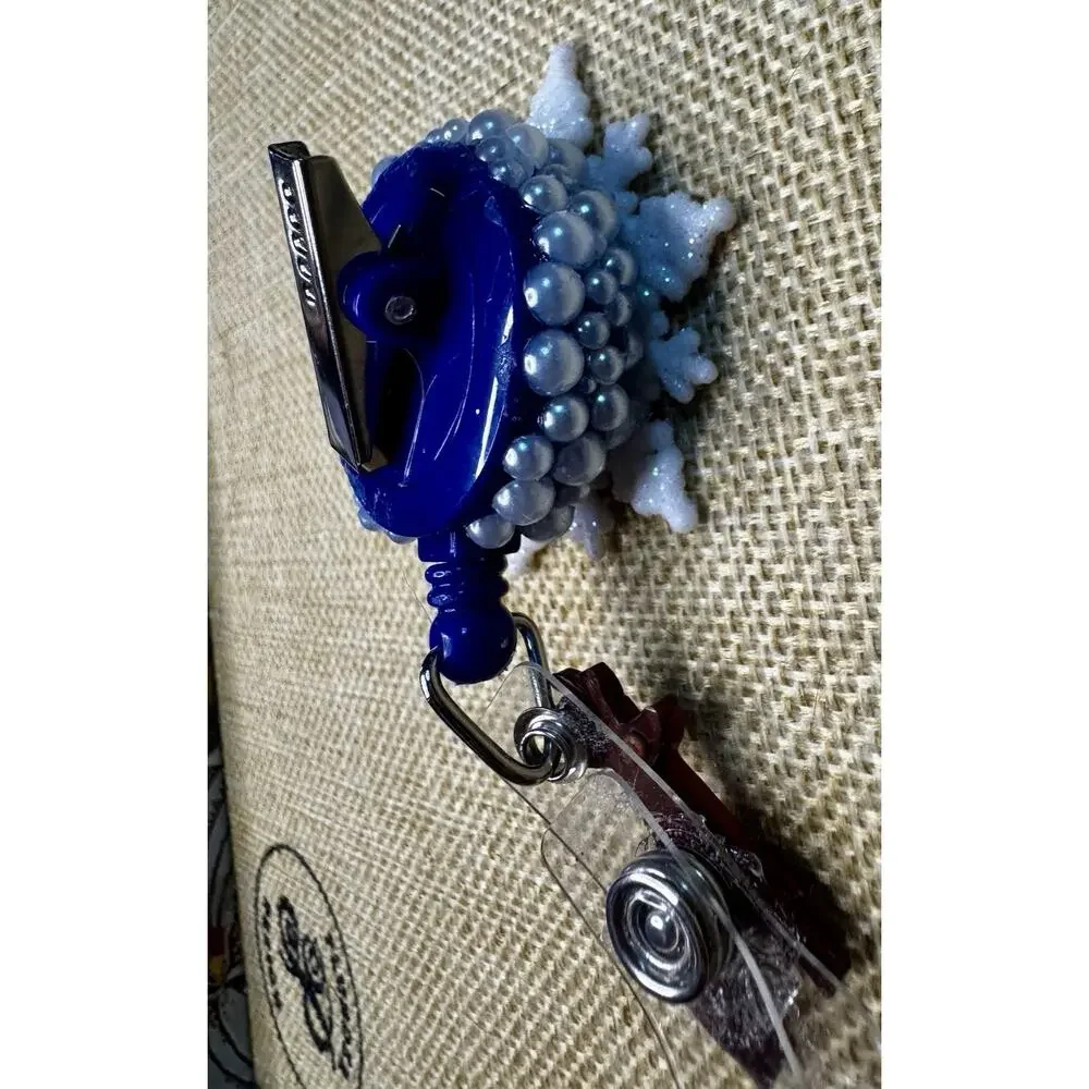 Snowflake On Blue Pearls with Deer Retractable Badge Holder Handmade